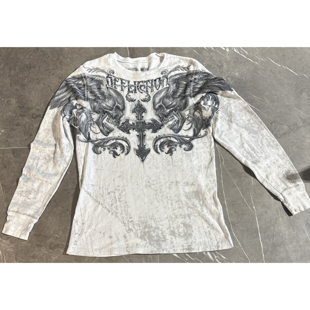 Affliction Men’s 100% Cotton Made In USA Long Sleeve Henley White Skull Mens